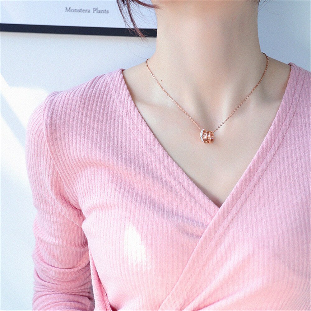 Roman Numerals Titanium Steel Women's Necklace Colorless Rose Gold Three Circle Crystal Zircon Wedding Necklace