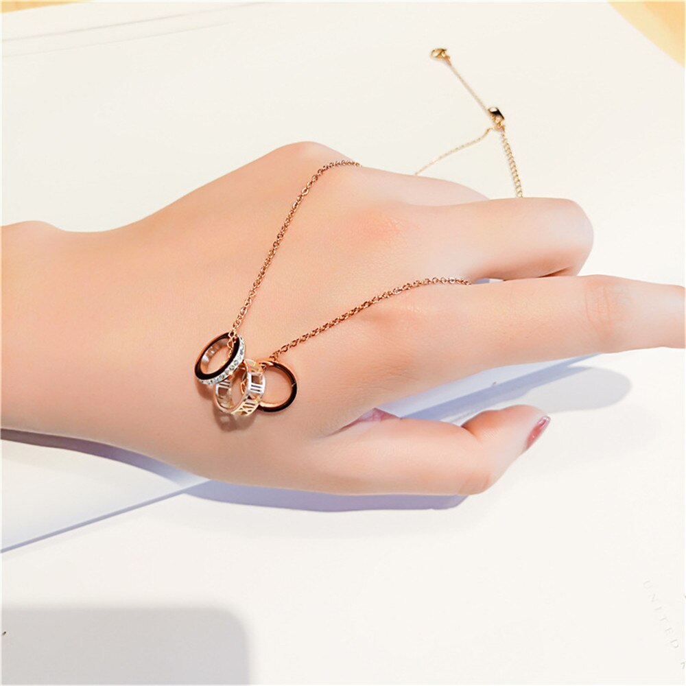 Roman Numerals Titanium Steel Women's Necklace Colorless Rose Gold Three Circle Crystal Zircon Wedding Necklace