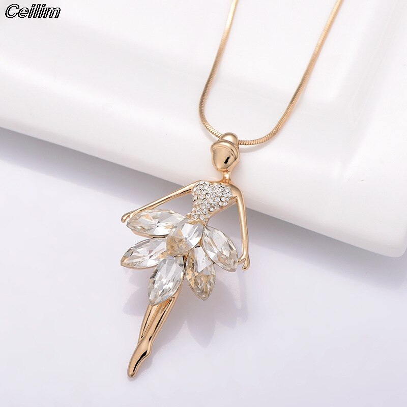 Romanic Blue Crystal Ballet Dance Girl Pendant Necklace Ballerina Classic Color Link Chain Pendant Necklaces Jewelry Girl Gifts