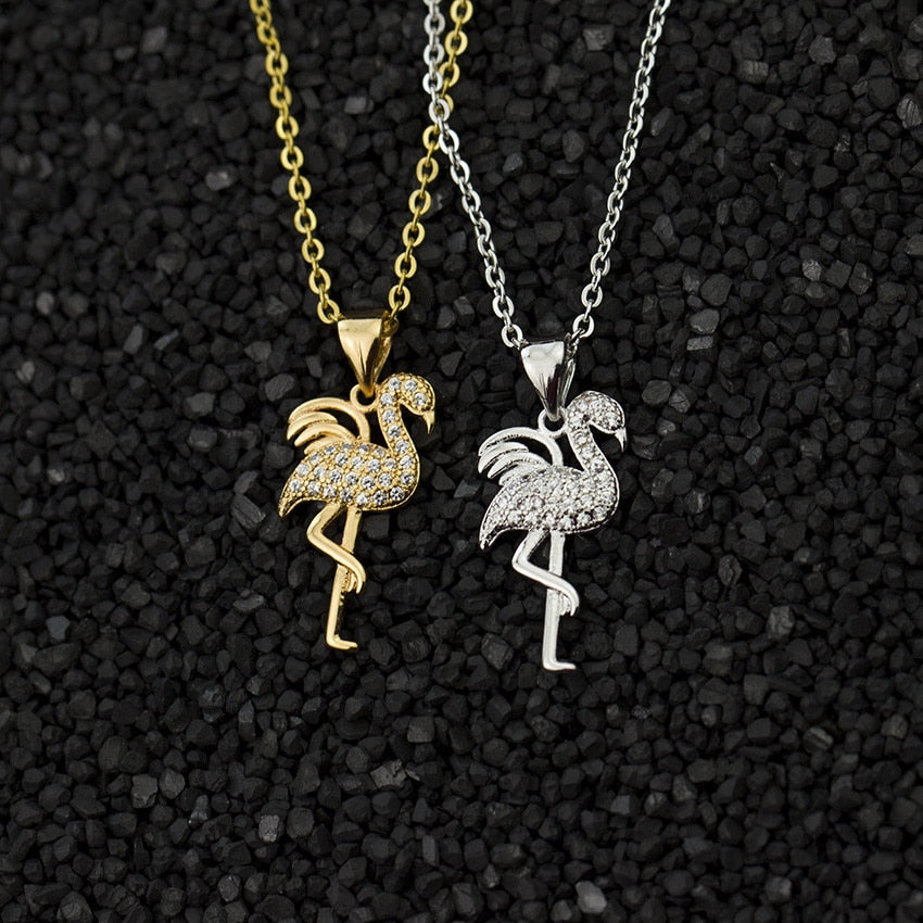 Romantic Gifts Flamingo Necklace For Women Wedding Jewelry Stainless Steel Chain In Gold Silver Color Crystal Choker Necklace