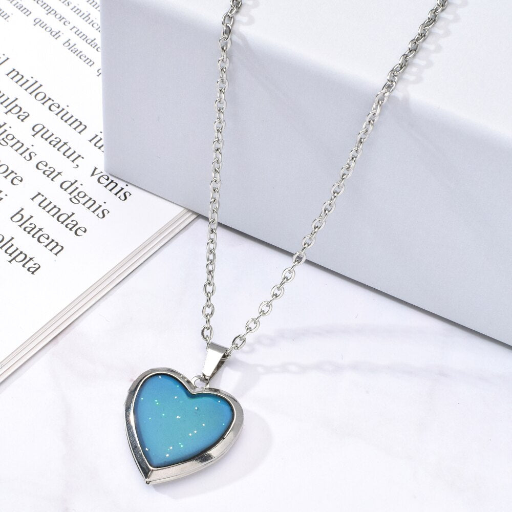 Romantic Photo frame Mood Love Heart Crystal Pendant Chain Necklace Temperature Change Color Emotion Feeling Necklaces