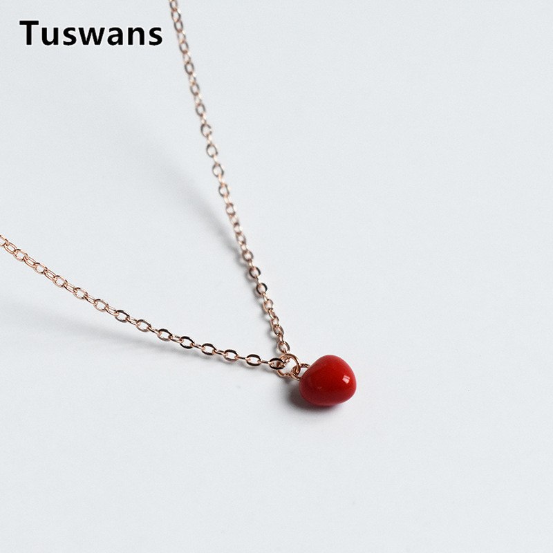 Romantic Style Enamel Red Love Heart Choker Necklace Pure Sterling Silver Chain Dainty Glaze Heart Necklace Valentine's D Gift