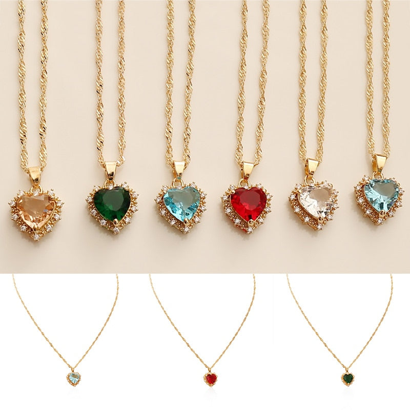 Romantic Sweet Cute Colorful Heart Shape Pendant Clavicle Chain Necklaces For Women And Girls Wedding Engagement Jewelry