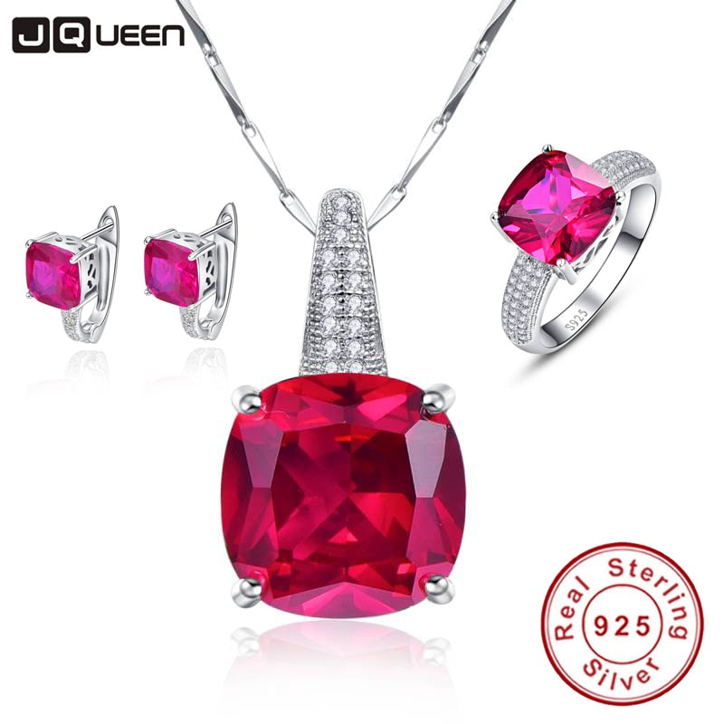 Romantic Wedding Jewelry Ruby Earrings Stud & Chain Necklace & CZ Rings Fine Jewelry 925 Sterling Silver Sets Red for Women 1Box