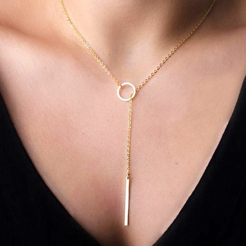 Romantic Women Accessories Plated Metal Chain Bar Circle Lariat Necklace Long Strip Pendant Necklaces Jewelry