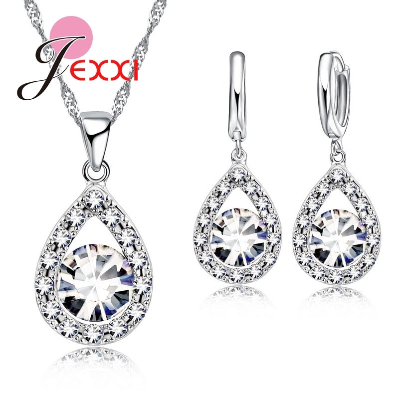 Romantic Women Lady Party Wedding Jewelry Sets 925 Sterling Silver Full Cubic Zirconia Water Drop Necklace Earrings Set