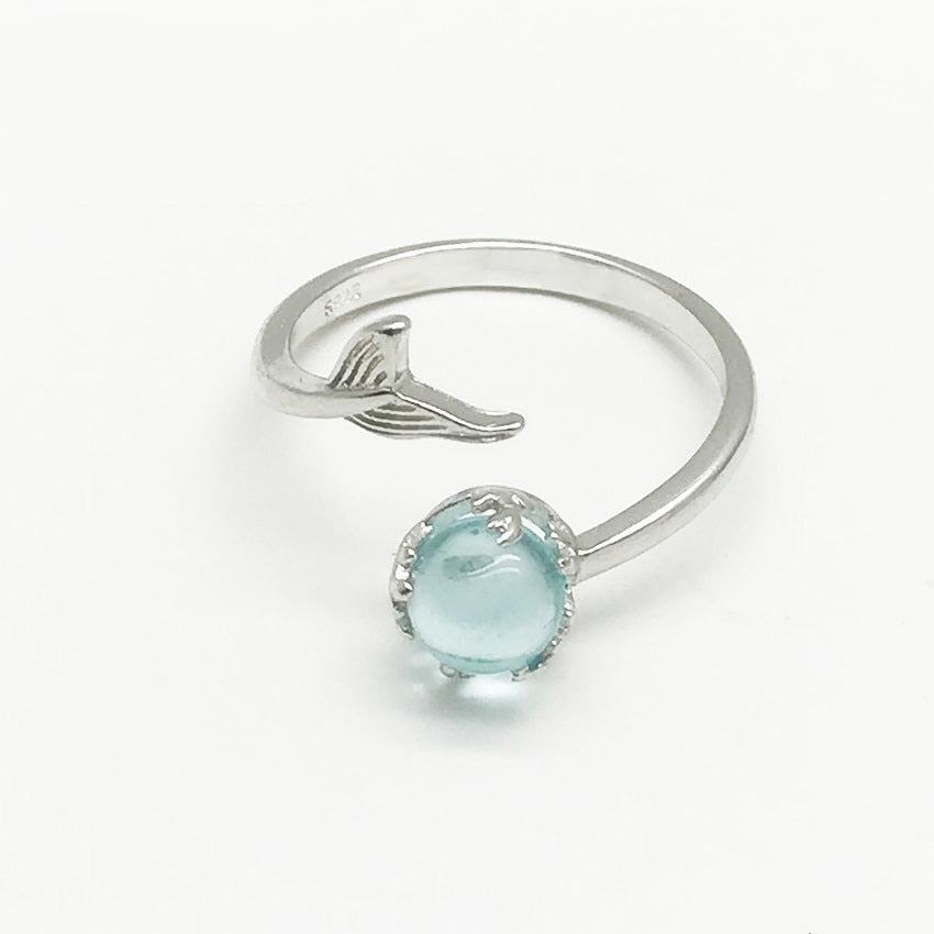 Romantic design S925 Carved Silver Rings Light Blue Crystal fish tail Rings Women Femme Ocean Mermaid Tear Finger Rings Jewelry