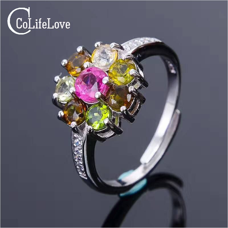 Romantic tourmaline silver ring for girl 3mm natural mutlicolor tourmaline ring solid 925 silver flower gemstone ring