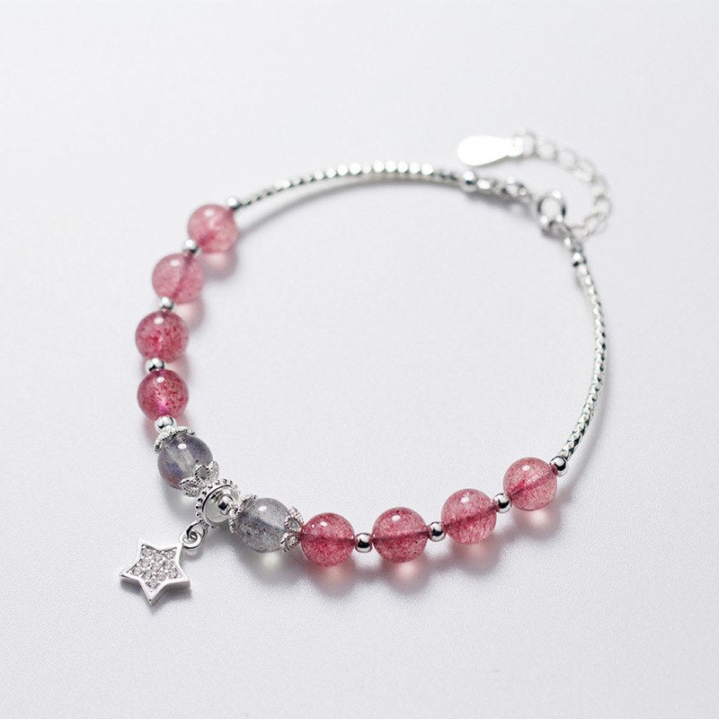 Romentic Natural Strawberry Quartz Bracelet 925 Sterling Sliver Five-pointed Star Pendant Handmade Bracelet for Women