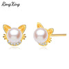 Cute Animal Pearl Cat Stud Earrings For Women 925 Silver Filled Rose Gold Color White Zircon Shell Beads Earrings Gift