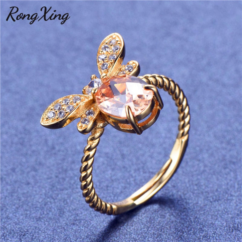 Oval Champagne Zircon Opening Adjustable Bee Rings for Women 925 Sterling Silver Gold Color Ring Female Animal Jewelry