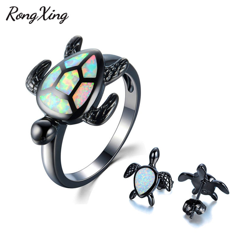 White Fire Opal Cute Turtle Stud Earrings Rings Animal Jewelry Sets For Women Vintage Black Gold Filled Wedding Jewelry