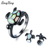 White Fire Opal Cute Turtle Stud Earrings Rings Animal Jewelry Sets For Women Vintage Black Gold Filled Wedding Jewelry