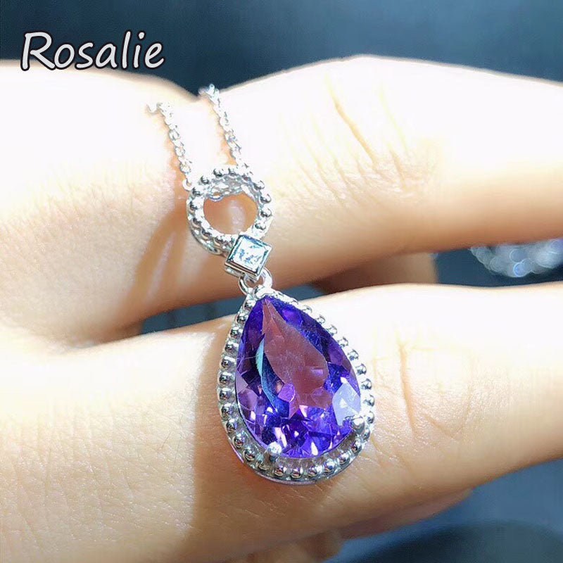 Rosalie,100% Natural amethyst Pear 9*13mm 3ct gemstone pendant with chain 925 sterling silver fine jewelry for girls nice gift