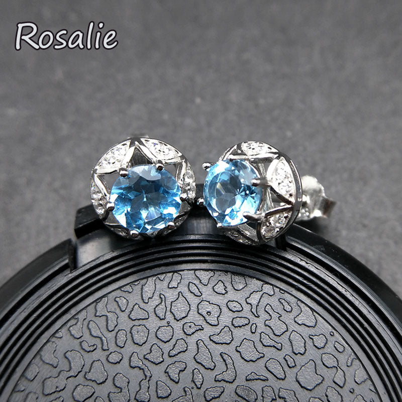 Rosalie,100% natural Brazil blue topaz natural gemstone stud earring in 925 sterling silver for girls with jewelry gift box