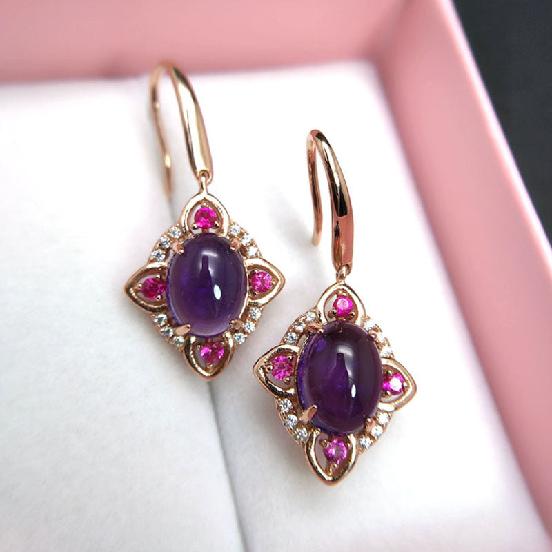 Rosalie,100% natural deep color africa amethyst oval 7*9mm 4.5ct gemstone hook earring 925 sterling silver rose gold jewelry