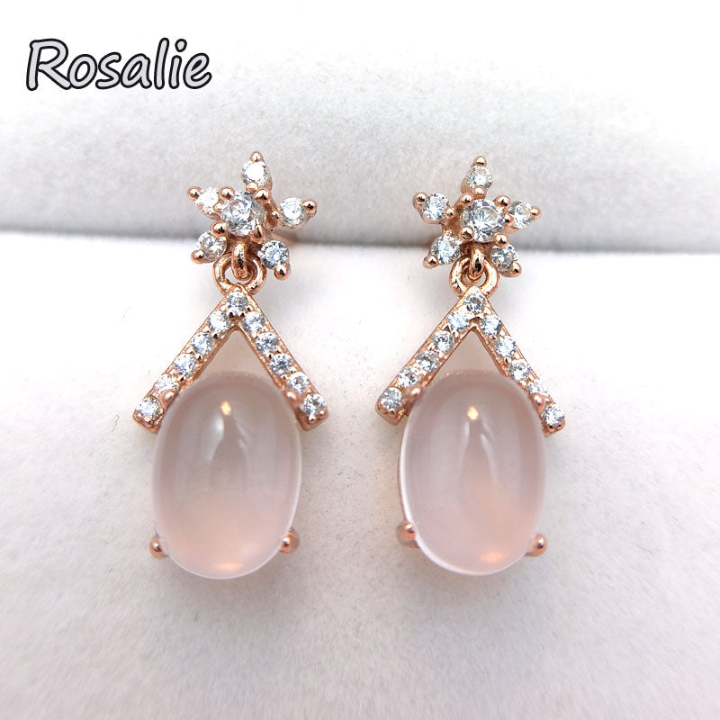Rosalie,100% natural oval 6x8mm rose quartz gemstone cute stud earring 925 sterling silver rose gold fine jewelry for girls
