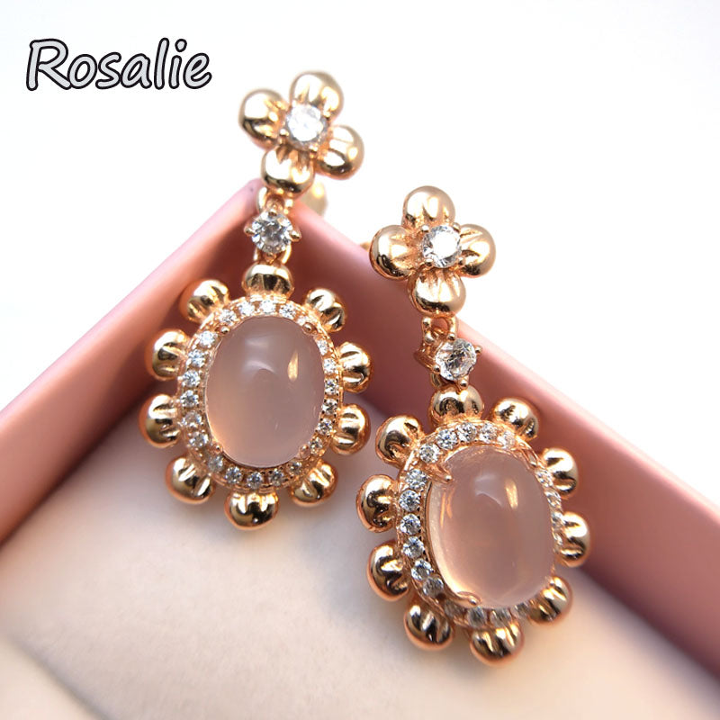 Rosalie,100% natural oval 7x9mm rose quartz gemstone flower stud earring 925 sterling silver rose gold fine jewelry for girls