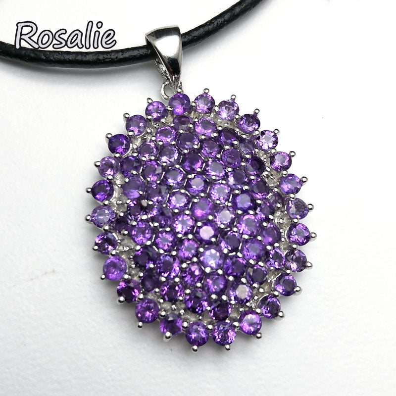 Rosalie,2020 new big natural african amethyst gemstone pendant leather chord necklace fashion design for lady with jewelry box