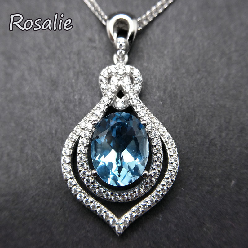 Rosalie,2020 new design with natural sky blue topaz oval 8*10 3ct fine jewelry 925 sterling silver pendant for women nice gift