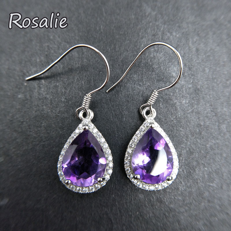 Rosalie,925 Sterling Silver 5.5ct african amethyst Drop Earrings For Women pear shape Gemstone Wedding Dangle Earring