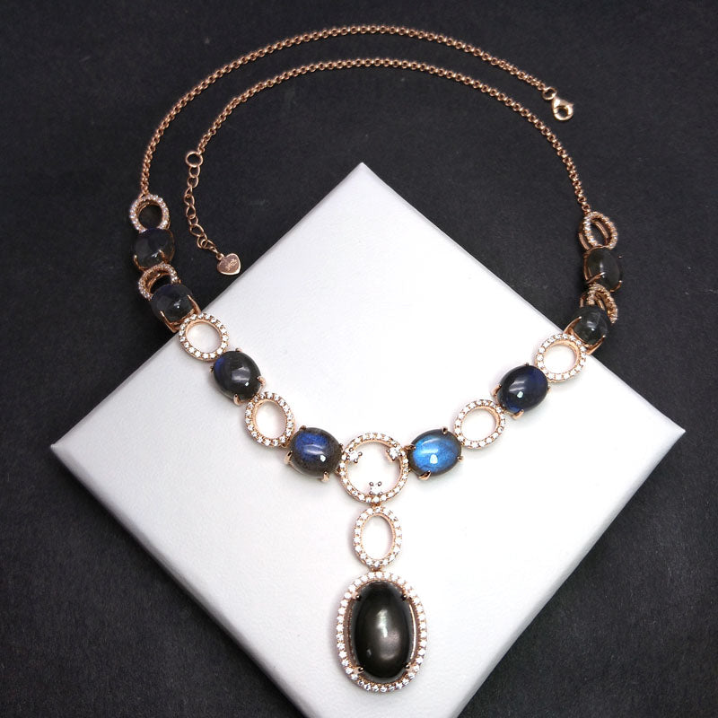 Rosalie,925 Sterling silver rose gold with natural Labradorite moonstone gemstone Big Necklace for women in party nice design