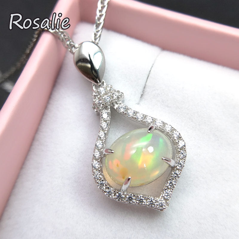 Rosalie,925 sterling silver pendant necklace with natural ethiopian opal oval 7*9mm fine jewelry classic design for women gift