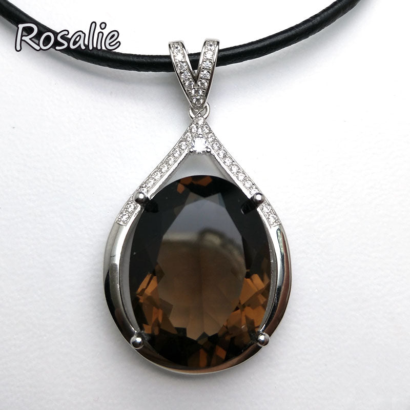 Rosalie,Big pendant with 21ct Natural Smoky Quartz leather chord necklace Solid 925 Sterling Silver Jewelry for women best gift