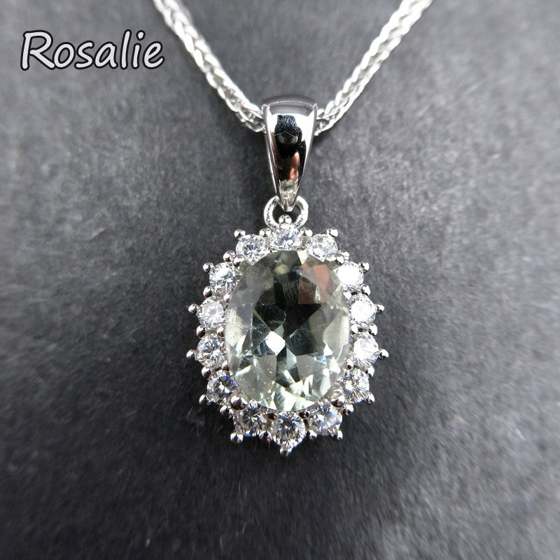 Rosalie, Classic 1.8ct Natural Green Amethyst quartz real gemstone Pendant dianna Necklace 925 Sterling Silver for girls