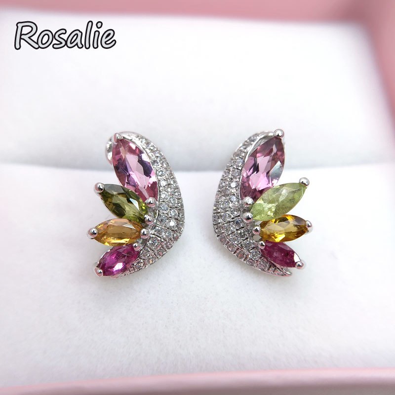 Rosalie,Colorful shinning gemstone stud earring with natural brazil fancy color tourmaline fine jewelry 925 sterling silver girl