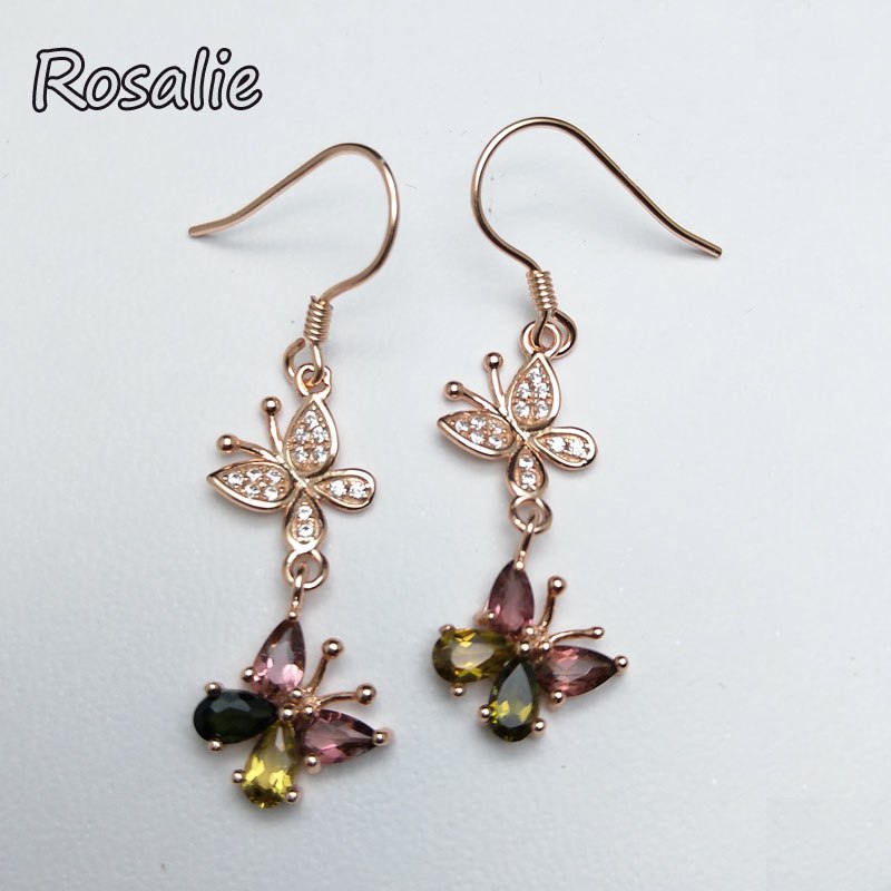 Rosalie,Elegant Muticolor natural Tourmaline butterfly Earrings in 925 sterling silver for girls gift birthd party with box