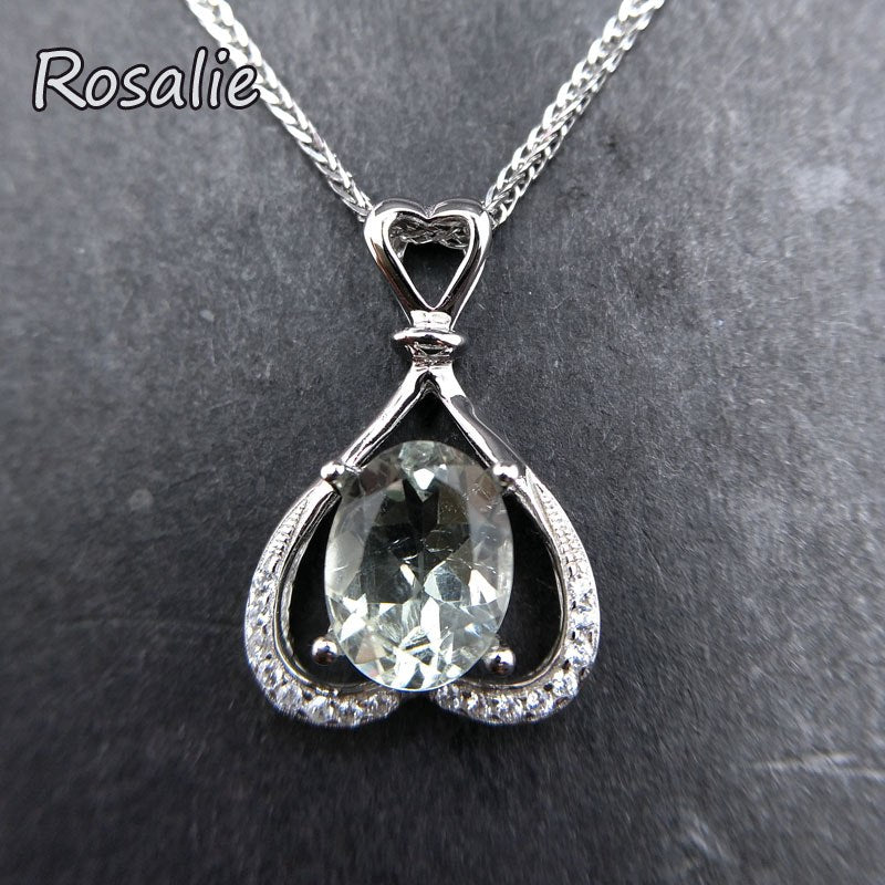 Rosalie,Fashion Heart design 2ct Genuine Oval 7*9mm Green Amethyst quartz gemstone Pendant 925 Sterling Silver for girls gift