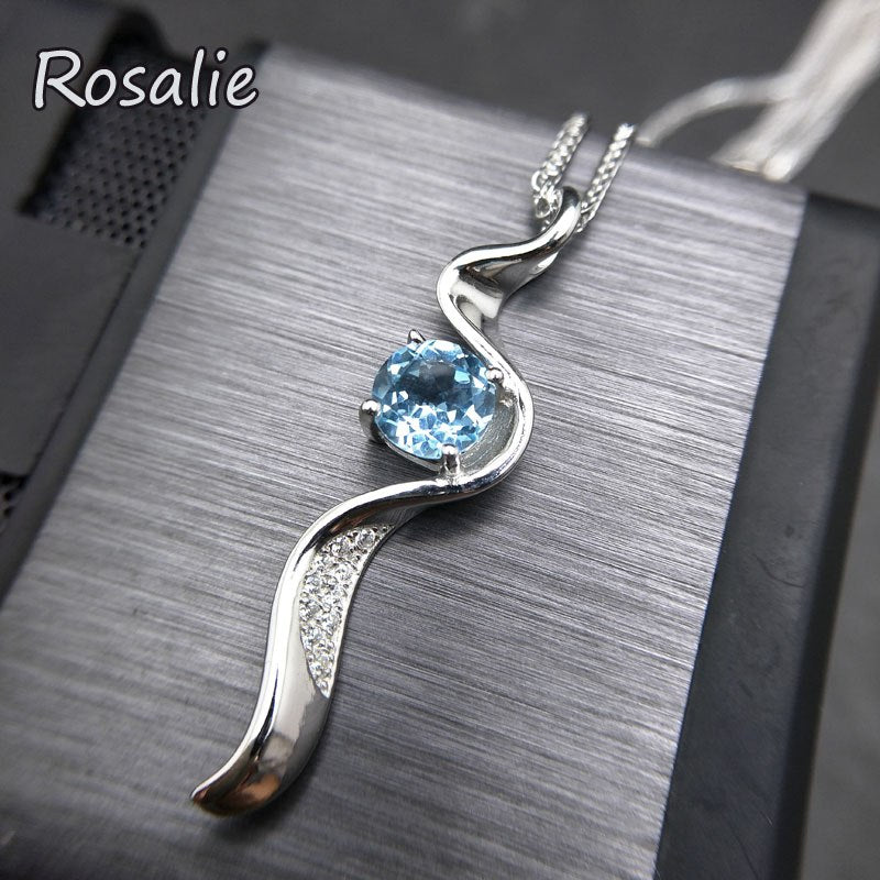 Rosalie,Long pendant necklace with natural brazil blue topaz for young fashion girls 925 sterling silver fine jewelry with box