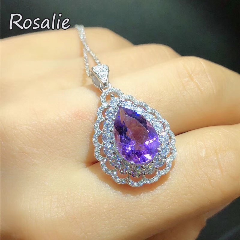 Rosalie,Luxury Gemstone Pendant necklace with natural amethyst pear 9*13 3ct fine jewelry 925 stelring silver fine jewelry women