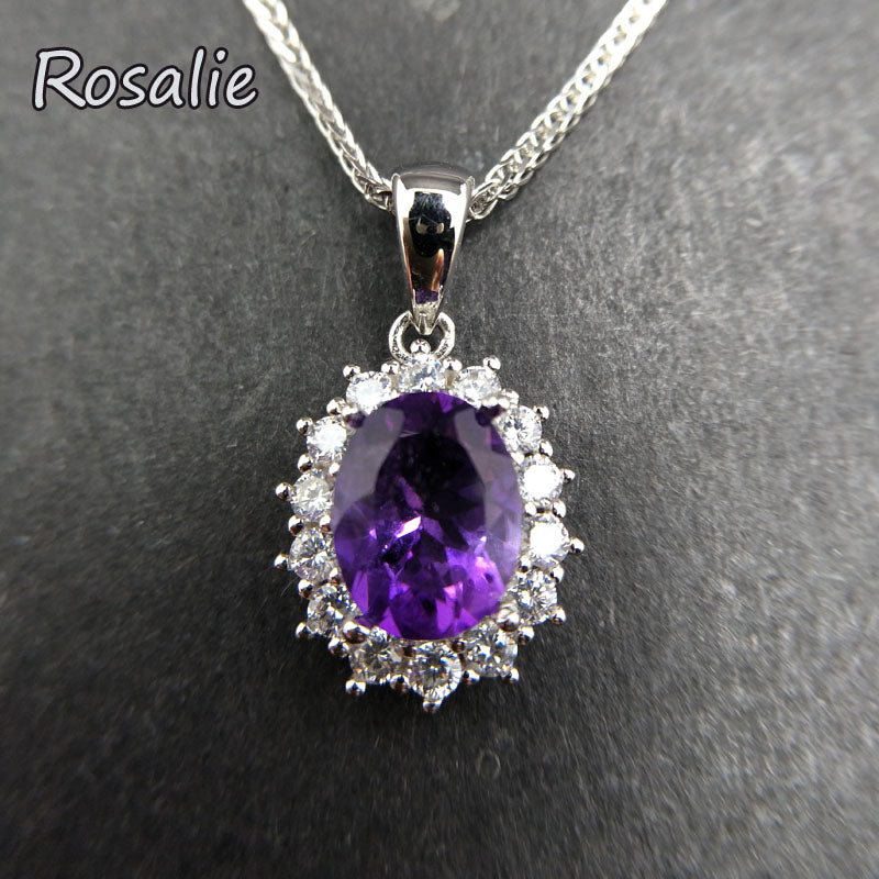 Rosalie, Natural 2ct Amethyst oval 7*9mm Pendants Oval Cut Genuine Solid 925 Sterling Silver Fashion Purple Jewelry for girls