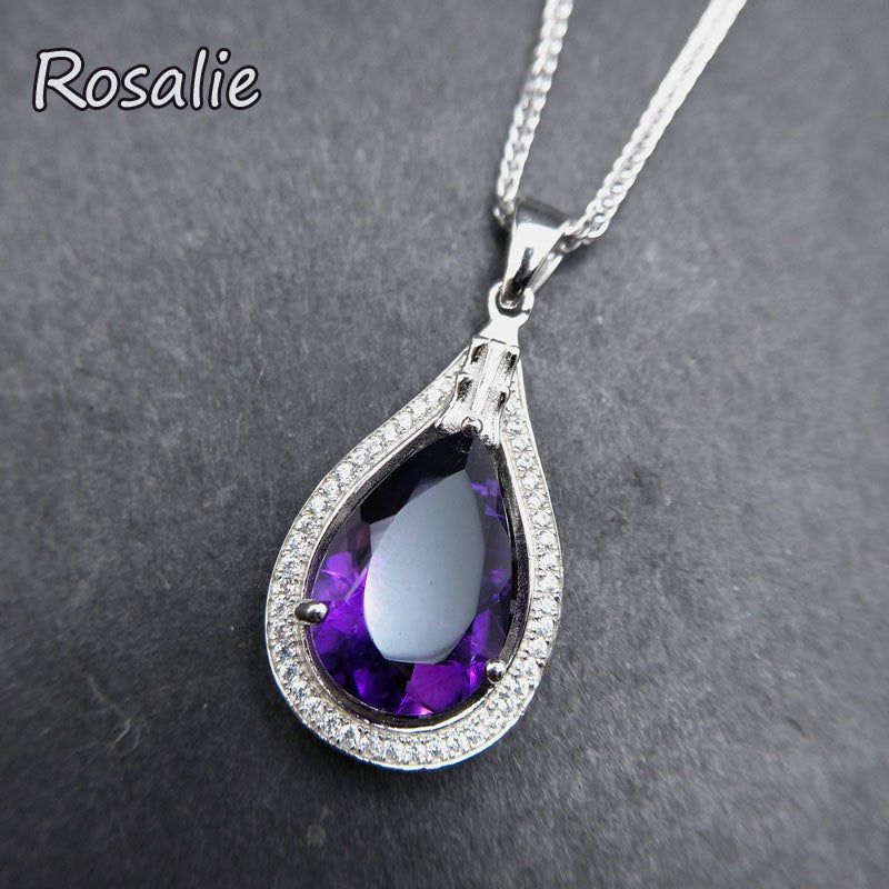Rosalie, Natural 5.2ct african deep color Amethyst Pendants Genuine Solid 925 Sterling Silver Fashion Purple Jewelry for women