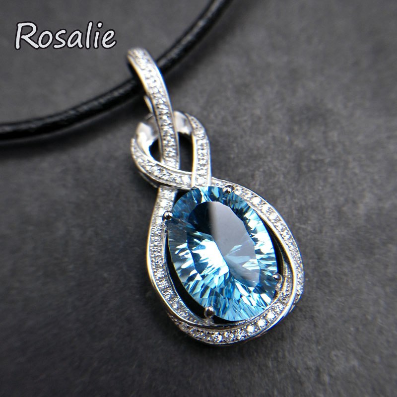 Rosalie,Natural Blue topaz oval cut 6.7ct gemstone pendant lether necklace 925 sterling silver for women fine jewelry with box