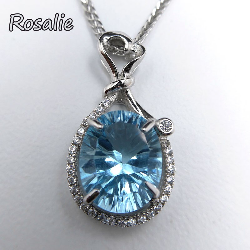 Rosalie,Natural Blue topaz oval9*11mm 4.5 shinning pendant with chain 925 sterling silver heart design best gift for women girl