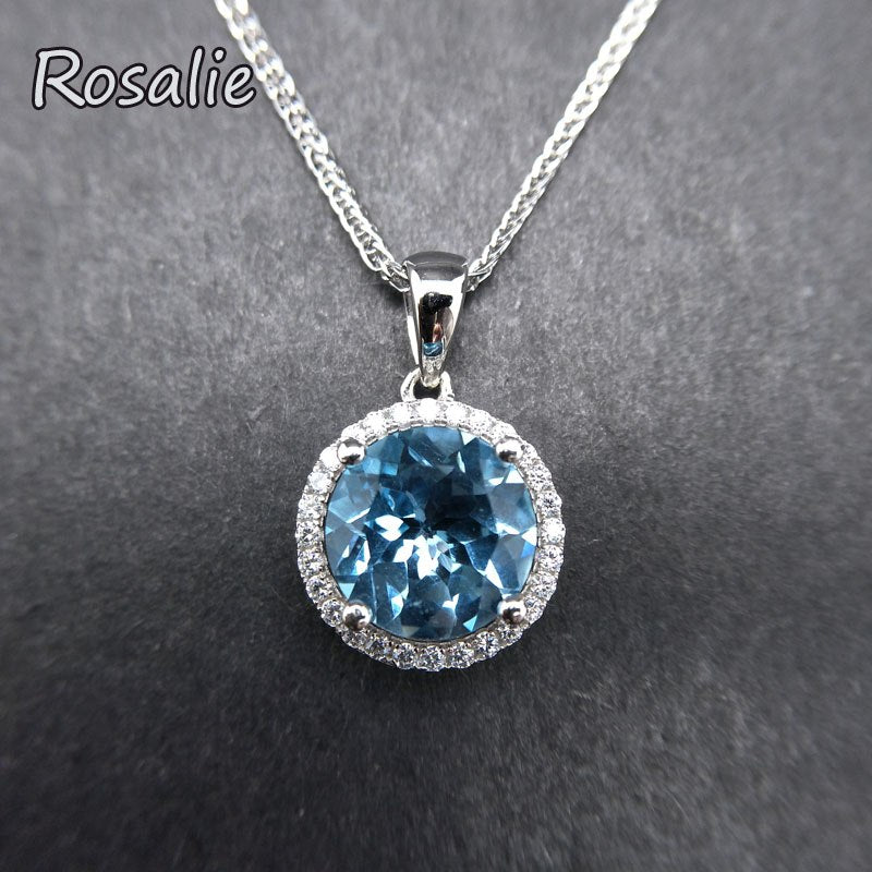 Rosalie,Natural Blue tpaz 4.5ct round gemstone simple pendant necklace in 925 sterling silver for women fine jewelry with box