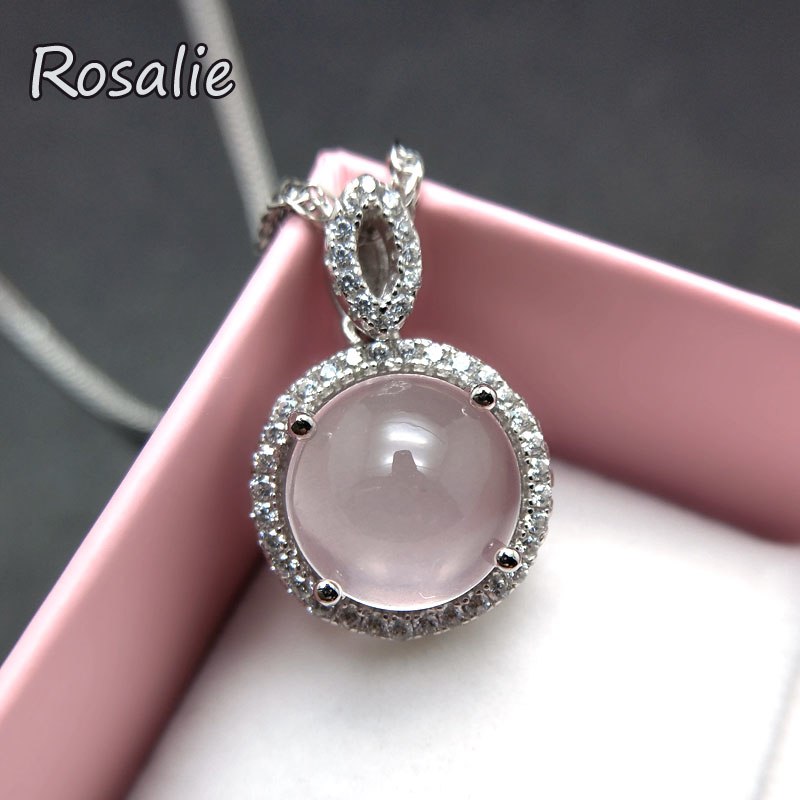 Rosalie,Natural rose quartz 3.2ct round gemstone simple pendant necklace in 925 sterling silver for women fine jewelry with box
