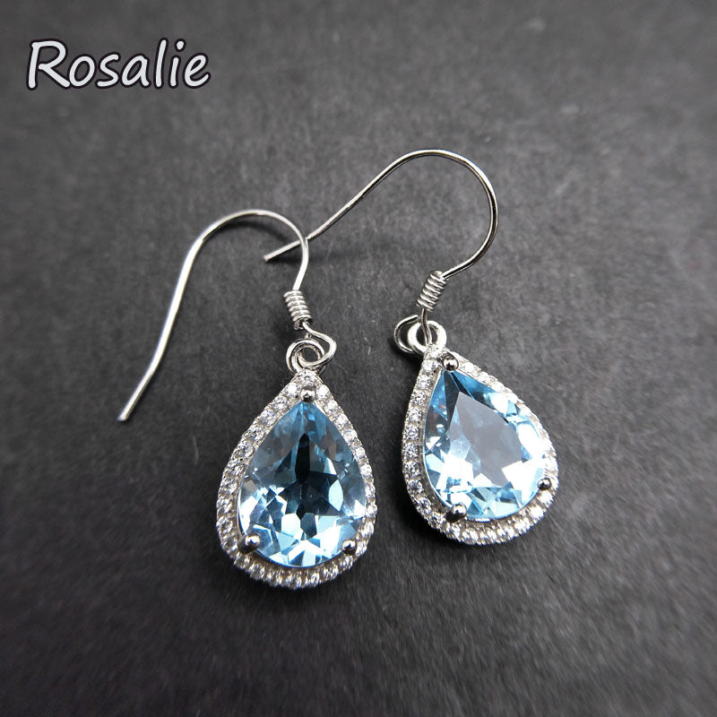 Rosalie,S925 Sterling Silver 6ct Blue Topaz Drop Earrings For Women pear shape Gemstone Wedding Dangle Earring Accessories