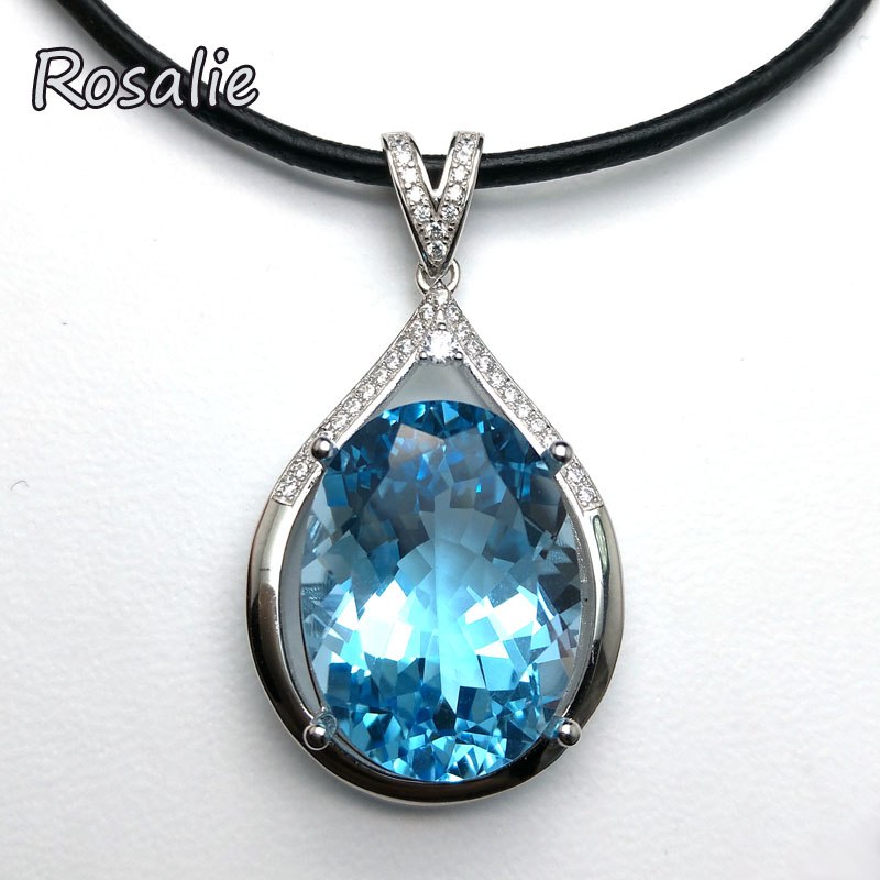 Rosalie,Shinning 21ct Natural stone Sky Blue Topaz Pendant leather chord necklace 925 Silver fine Jewelry for women best gift