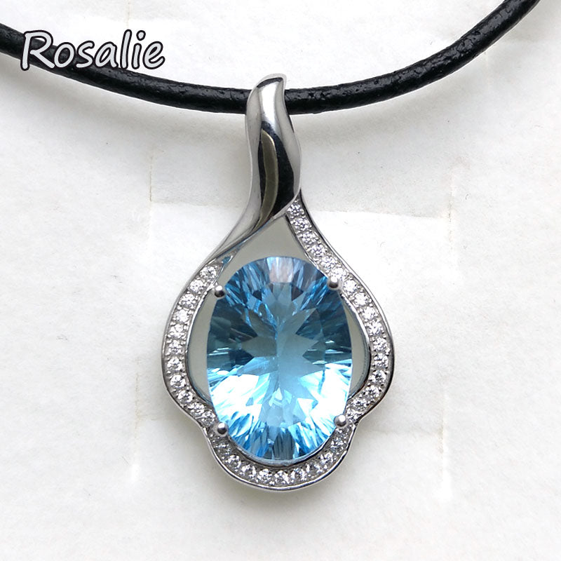Rosalie,Shinning sky blue topaz oval cut 10*14mm gemstone pendant leather chord necklace 925 sterling silver jewelry for women
