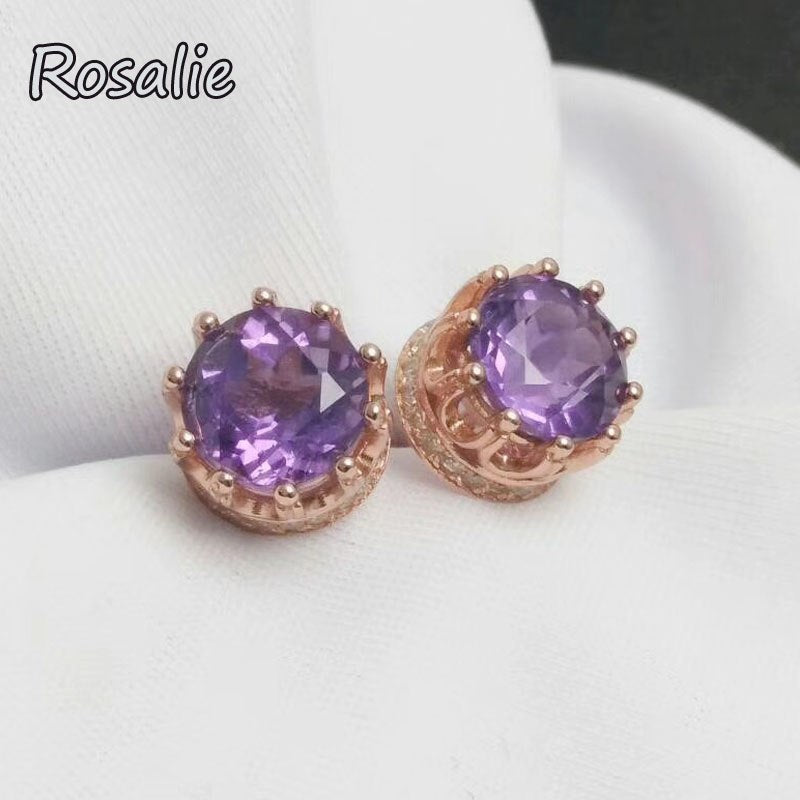 Rosalie,Simple fashion crown design earring studs with nautral coated blue topaz round 7mm gemstone fine jewelry for girl gift