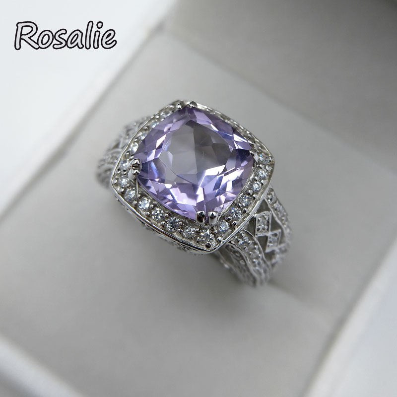 Rosalie,Solid design ring with natural brazil amethyst cushion 10mm 5ct gemstone fine jewelry in 925 sterling silver for women