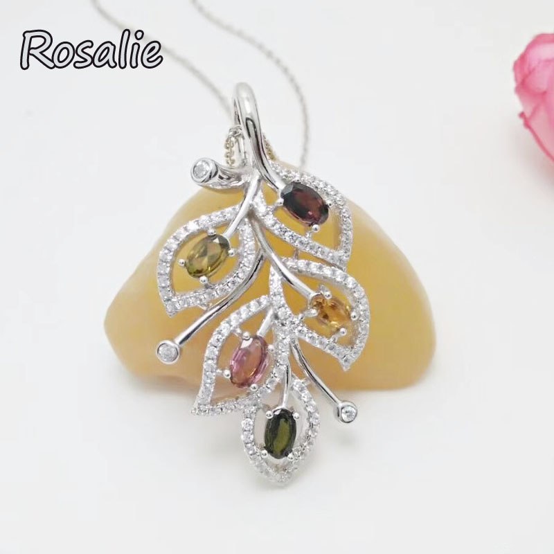 Rosalie,Tree Leaves with natural brazil natural fancy color tourmaline pendant 925 sterling silver necklace for women in fahsion