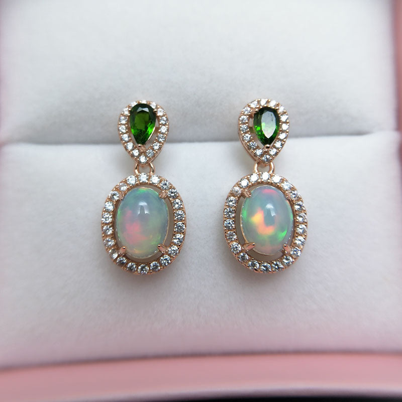 Rosalie,Two color natural gemstone Ethiopian Opal with tourmaline fancy color earring 925 sterling silver fine jewelry for women