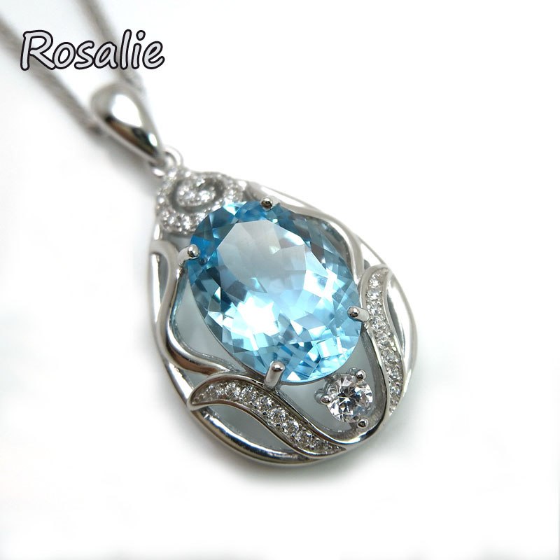 Rosalie,natural Big oval 10*14mm 7.5ct shinning sky blue topaz gemstone pendant necklace 925 sterling silver fine jewelry women