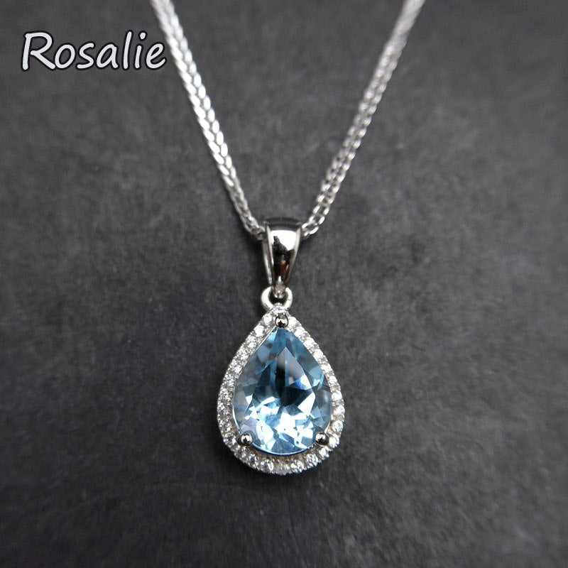Rosalie,water drop 2.85ct natural Brazil sky blue topaz classic pendant with chain 925 sterling silver fine jewelry for women