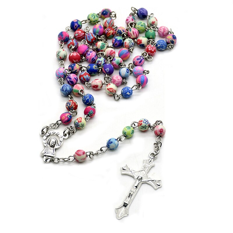 Rosary Necklace Church Blessed Colorful Clay Prayer Beads Chain Crucifix Cross Pendant Our Lady Medal Baptism Communion Chaplet